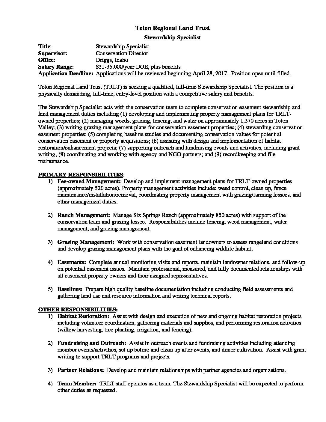 Stewardship Specialist Job Descrip 2017 | Teton Regional Land Trust